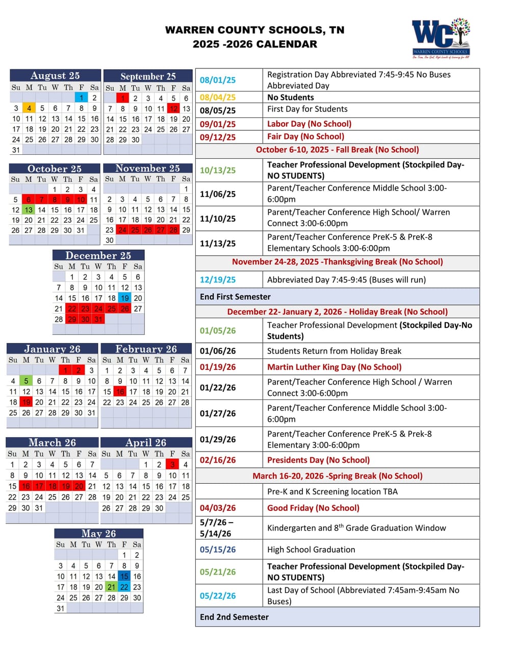 Warren County Schools Calendar